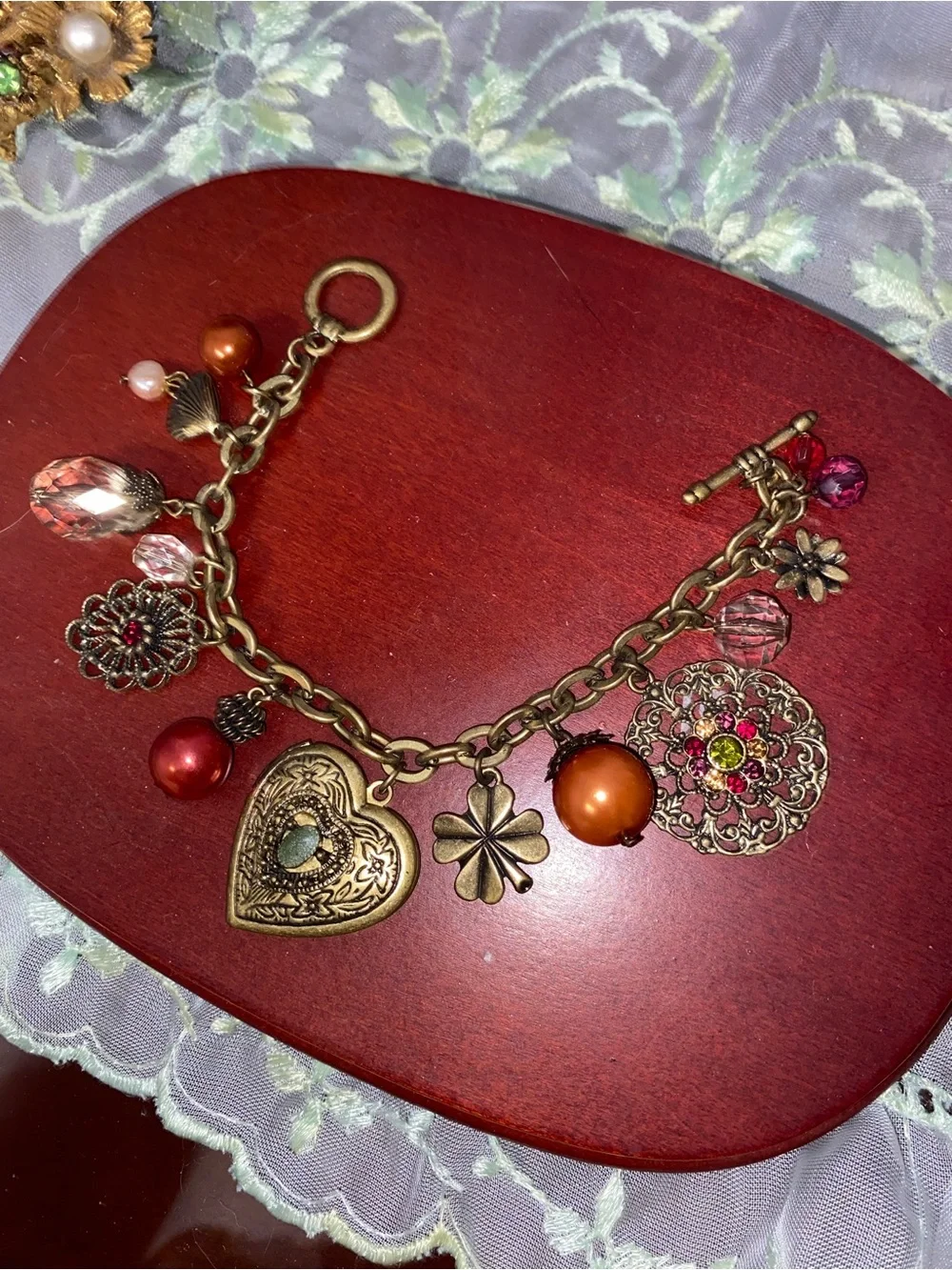 Victorian Revival Brass Functioning Heart Locket Floral Filigree Charm Bracelet